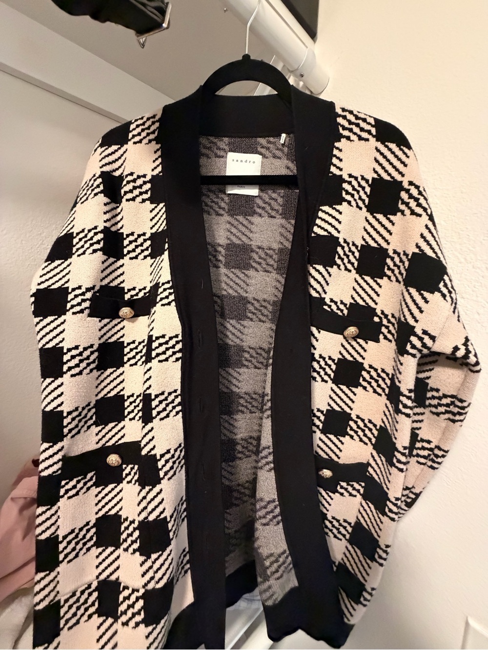 Sandro Black and Cream Plaid Open Cardigan with Gold Buttons- Size 1
